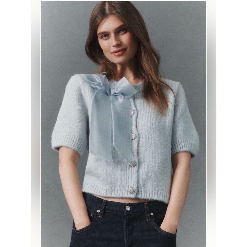 Anthropologie Maeve Short-Sleeve Bow Cardigan Sweater